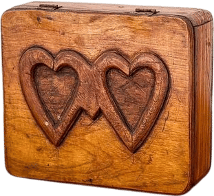 Antique hand-carved wood trinket box, with 2 hearts on the lid, from Québec, Canada, circa 1920s