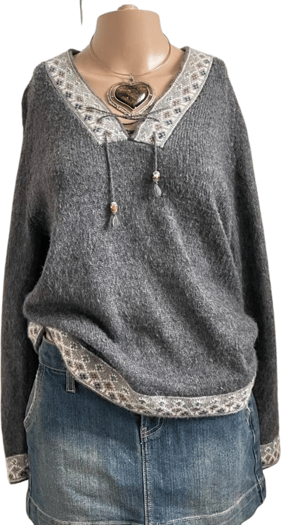 Vintage Grey Jumper with Patterned Neckline