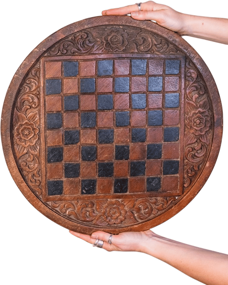 Vintage 1960s Round Ornate Wood-Carved Chess Board