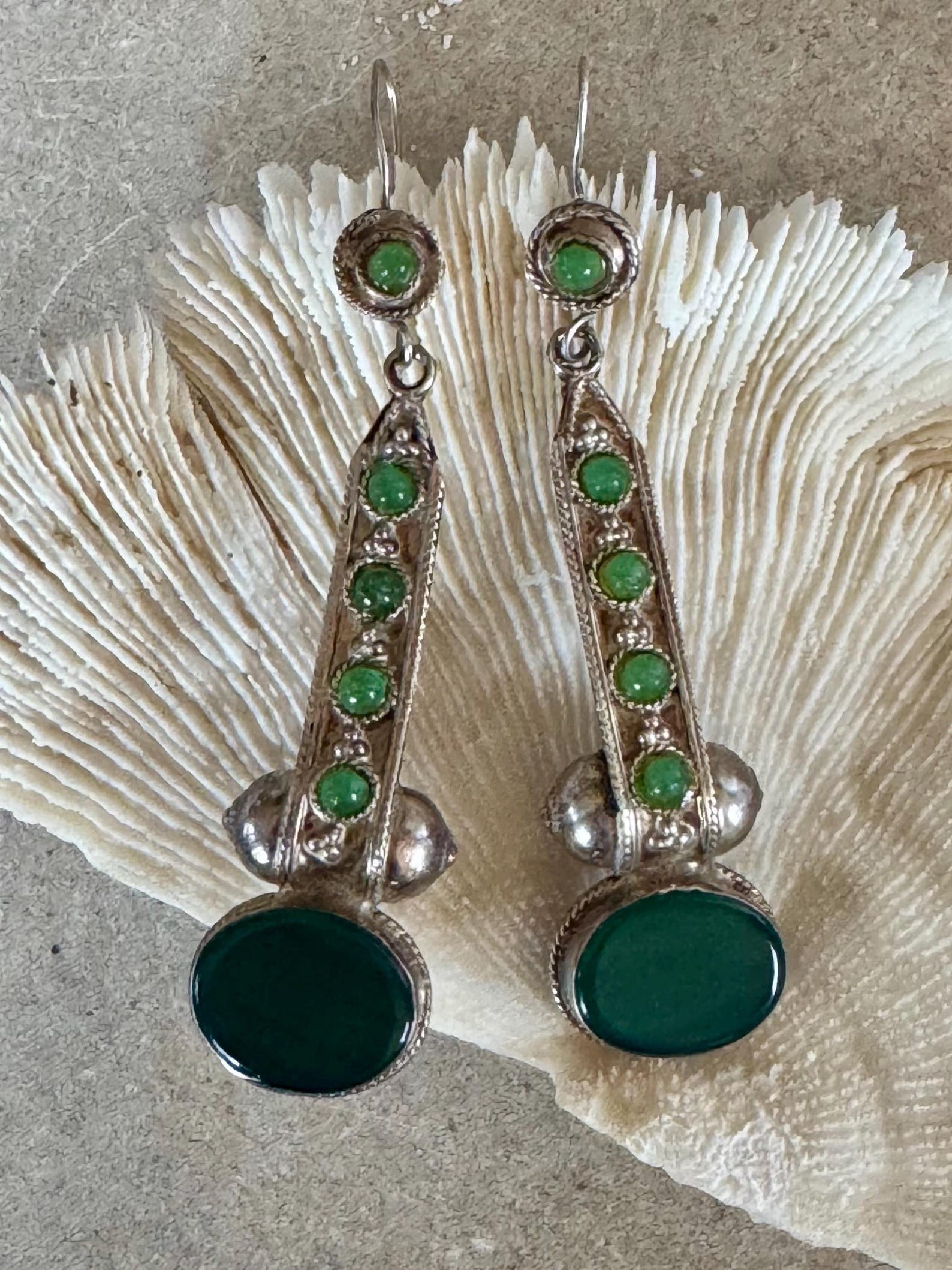 Art Deco Brutalist Sterling Silver Green Chrysoprase long vintage Earrings