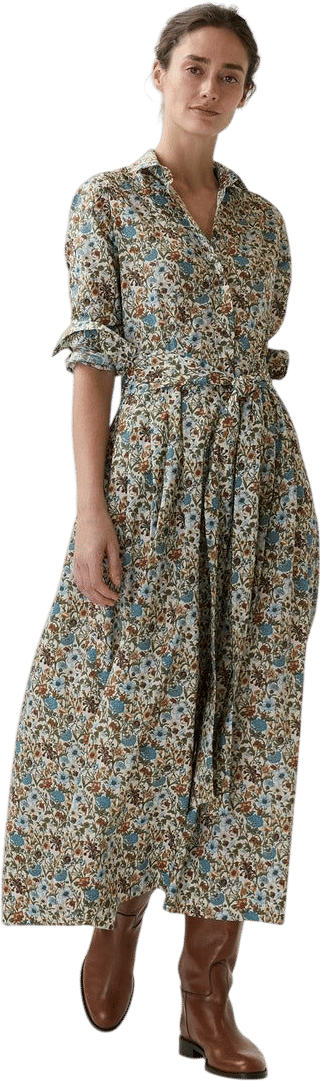 Classic Shirtwaist Maxi Dress in Moss/Cerulean Rachel Liberty Fabric