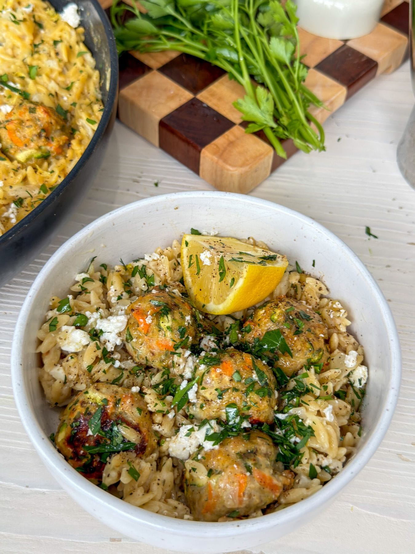 hidden veggie chicken meatballs with creamy lemon orzo