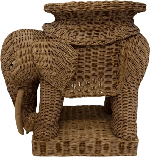 Vintage Boho Rattan Wicker Elephant Side Table Plant Stand
