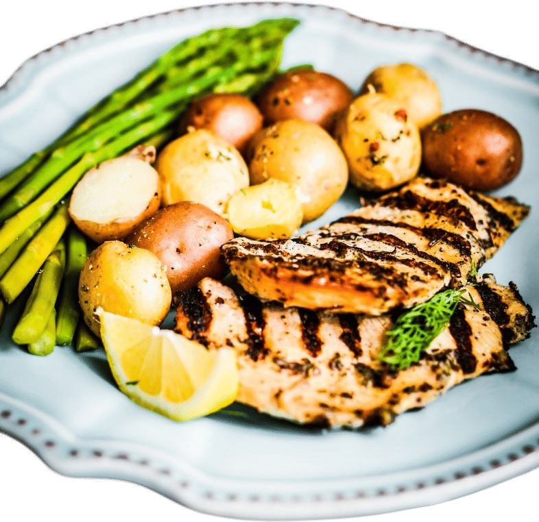 Herb crusted chicken, lemon potatoes & steamed asparagus