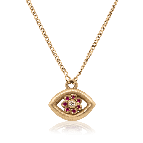 14K Yellow Gold Eye Pendant Necklace with Rubies and Diamond