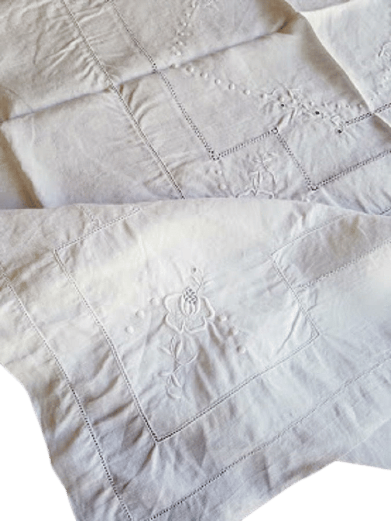 Vintage Linen Flax Tablecloth White on White Embroidery Cloth 68 x 64