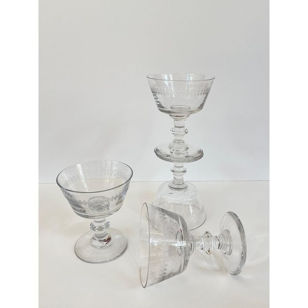 Vintage Etched Glass Coupe Champagne Glasses