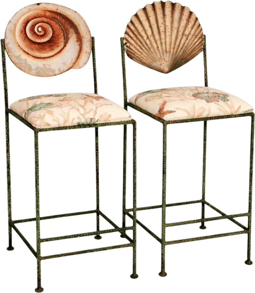Vintage Twisted Wrought Iron Verdigris Shell Bar Stools 