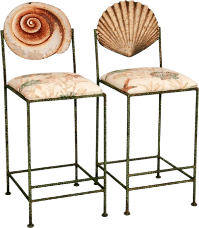 Vintage Twisted Wrought Iron Verdigris Shell Bar Stools