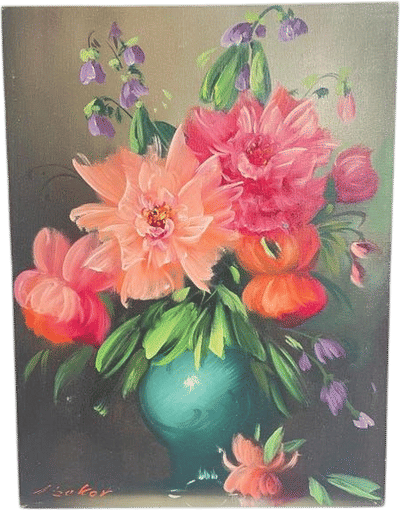 Vintage Floral Still Life Oil Painting in Turquoise Vase