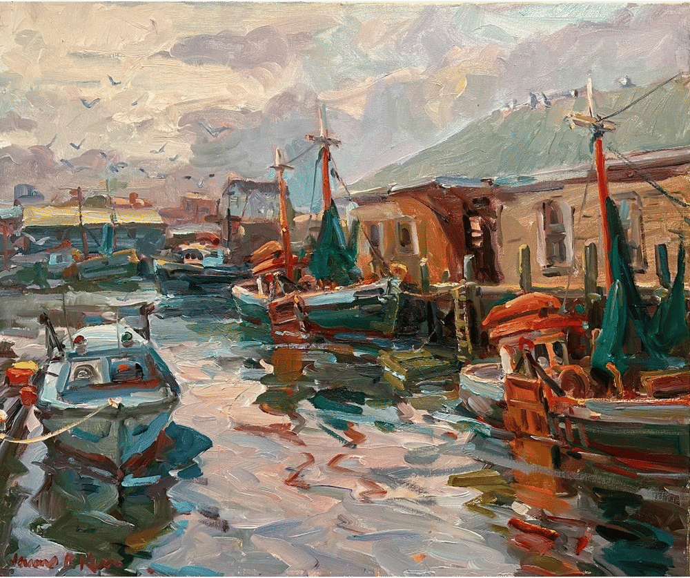 "Gloucester Wharf" Impressionist Landscape Oil Painting by James P. Kerr