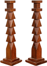 Vintage Hand-Carved Mission Style Oak Wood Candlestick Holders