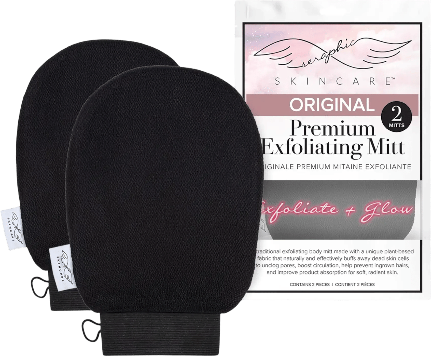 Seraphic Skincare Original Premium Exfoliating Mitt for Body (2pc) – 100% Vegan Viscose Traditional Body Scrub Glove Kessa Korean Washcloth – Body Exfoliator for Self-Tan Removal & Keratosis Pilaris