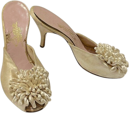 1940s Champagne Satin Pompom Mule Heels