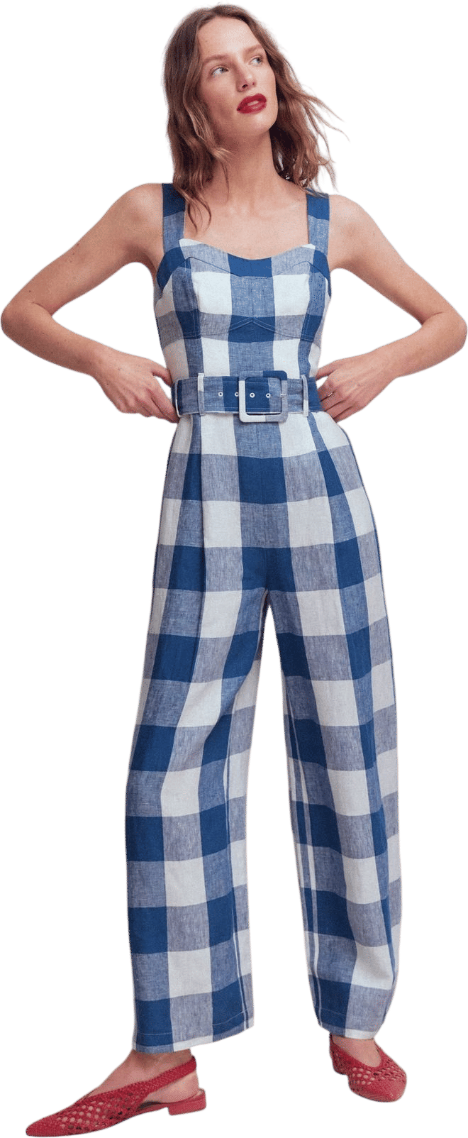 Boden Panelled Bodice Linen Jumpsuit - Denim Blue Gingham