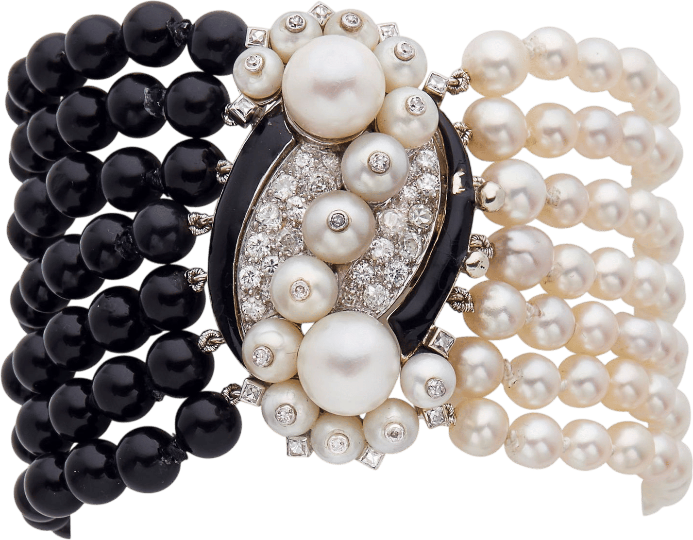 Pearl, Enamel, Diamond, and Onyx Bracelet by Suzanne Belperron