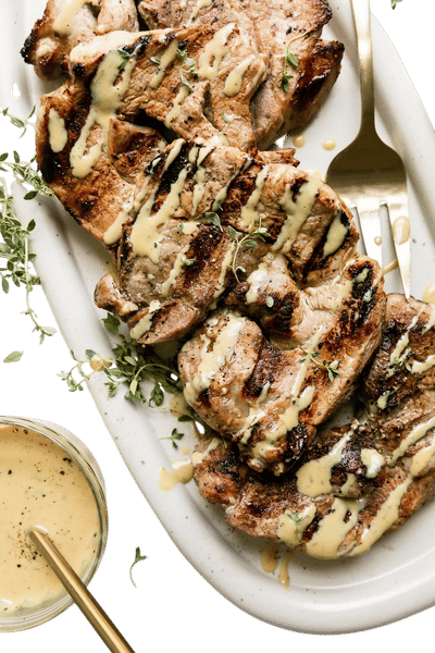Grilled Honey Mustard Pork Chops with Charred Garlic Recipe