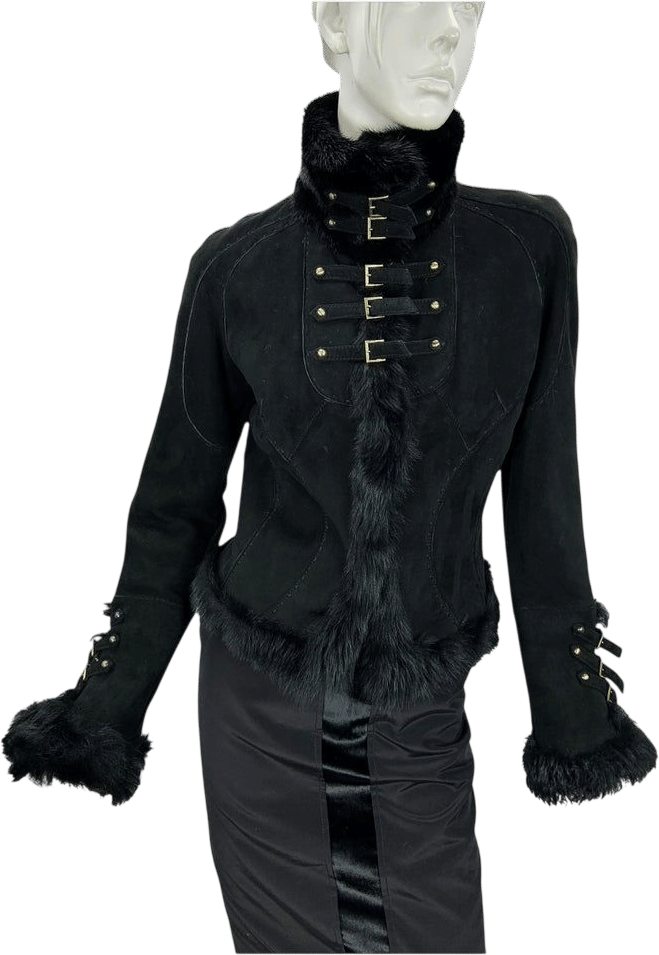 Vintage Roberto Cavalli FW 2004 Black Suede Mink Shearling Jacket Italian M