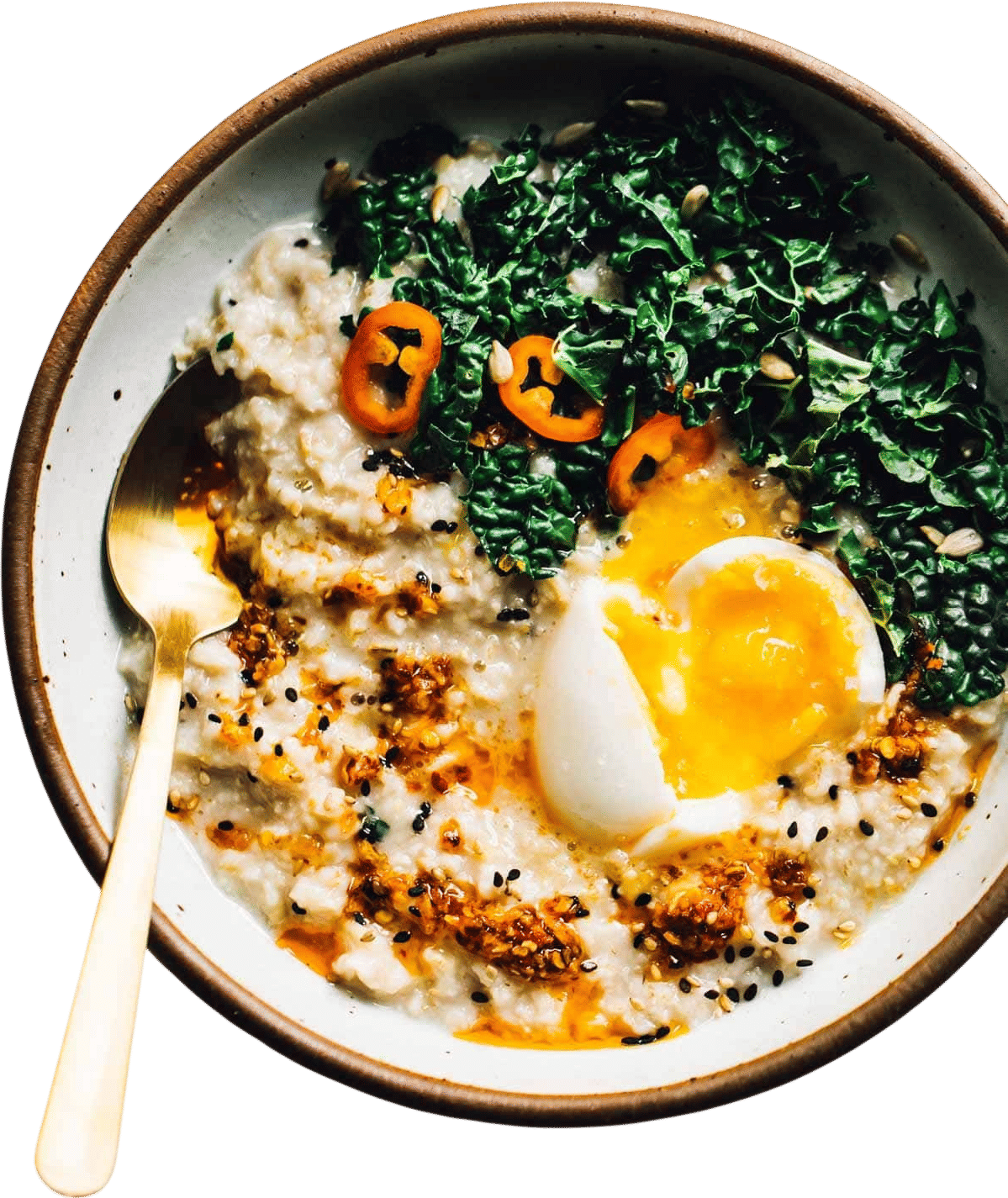 savory oatmeal with miso, jammy eggs, mushrooms/spinach
