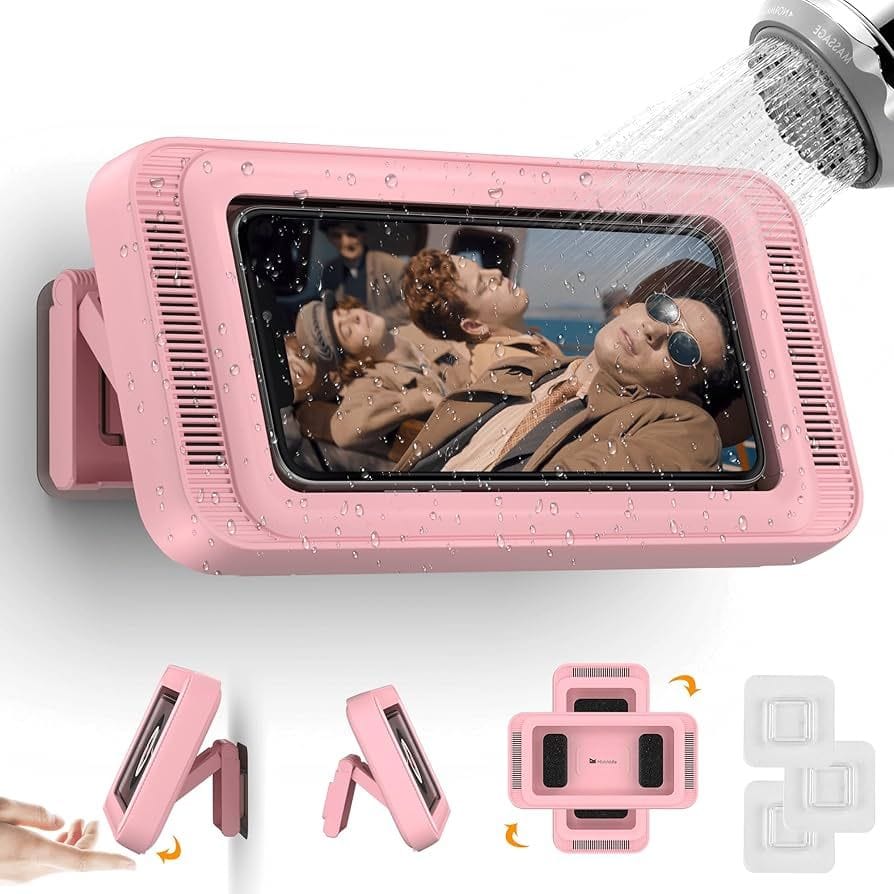 Waterproof Shower Phone Holder with 360° Rotation, Angle Adjustable, Enhanced Sound Quality, Wall Mounted Phone Holder for Bathroom Mirror Bathtub Kitchen, Up to 7 Inch(Pink)