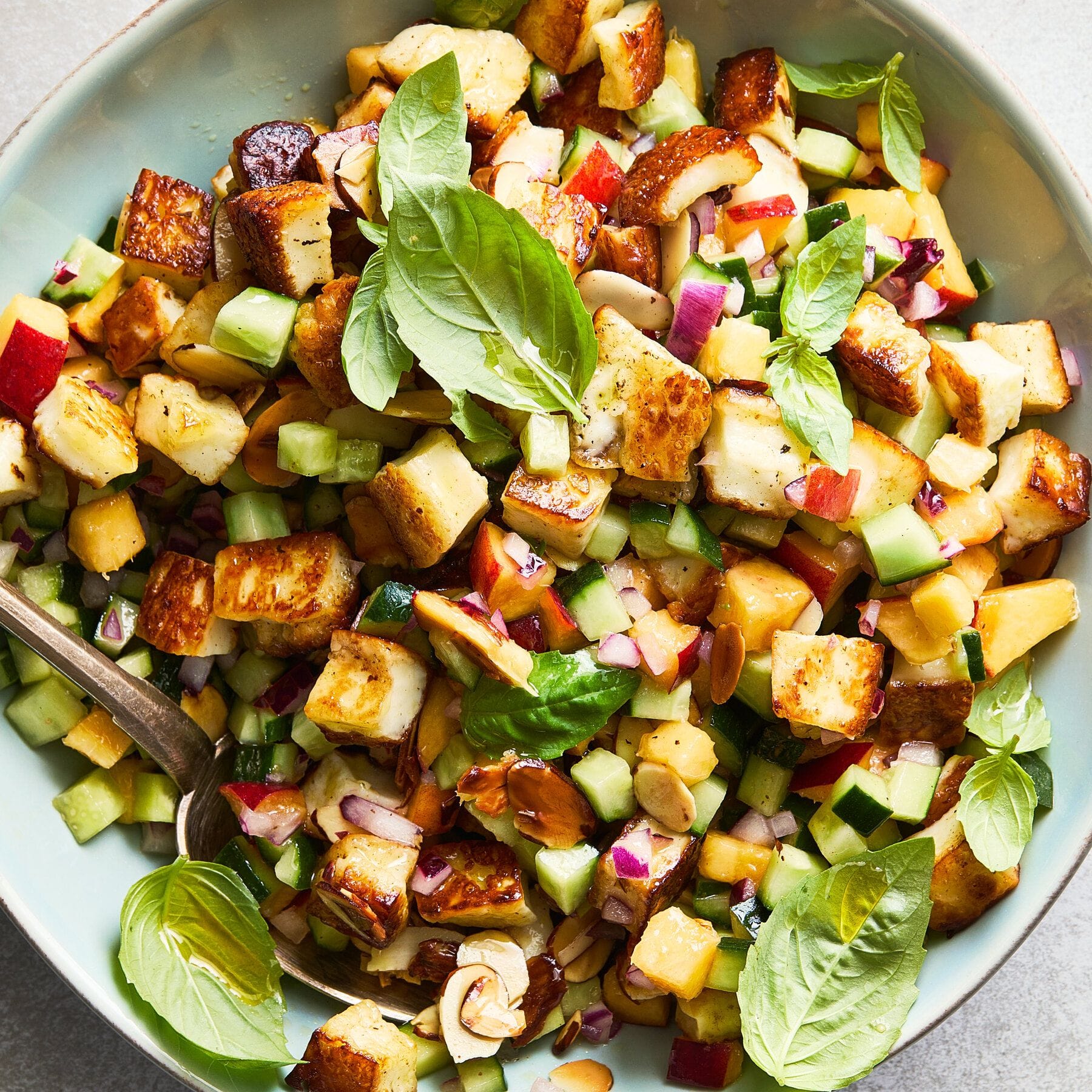 Halloumi, Peach and Cucumber Spoon Salad Recipe