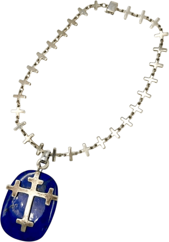 Silver Cross Necklace with Lapis Pendant