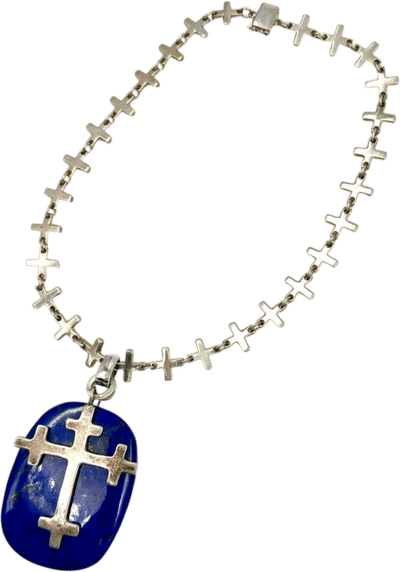Silver Cross Necklace with Lapis Pendant