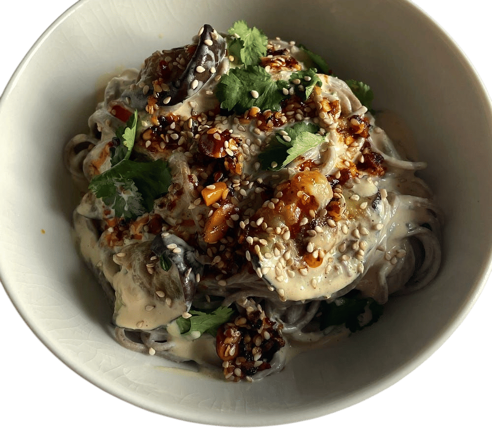 chilled peanut noodles with caramelised aubergine