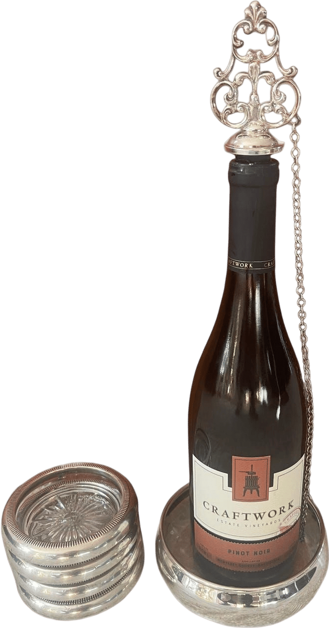 Vintage Oneida Silver Wine Stopper/Holder with Crystal Coasters