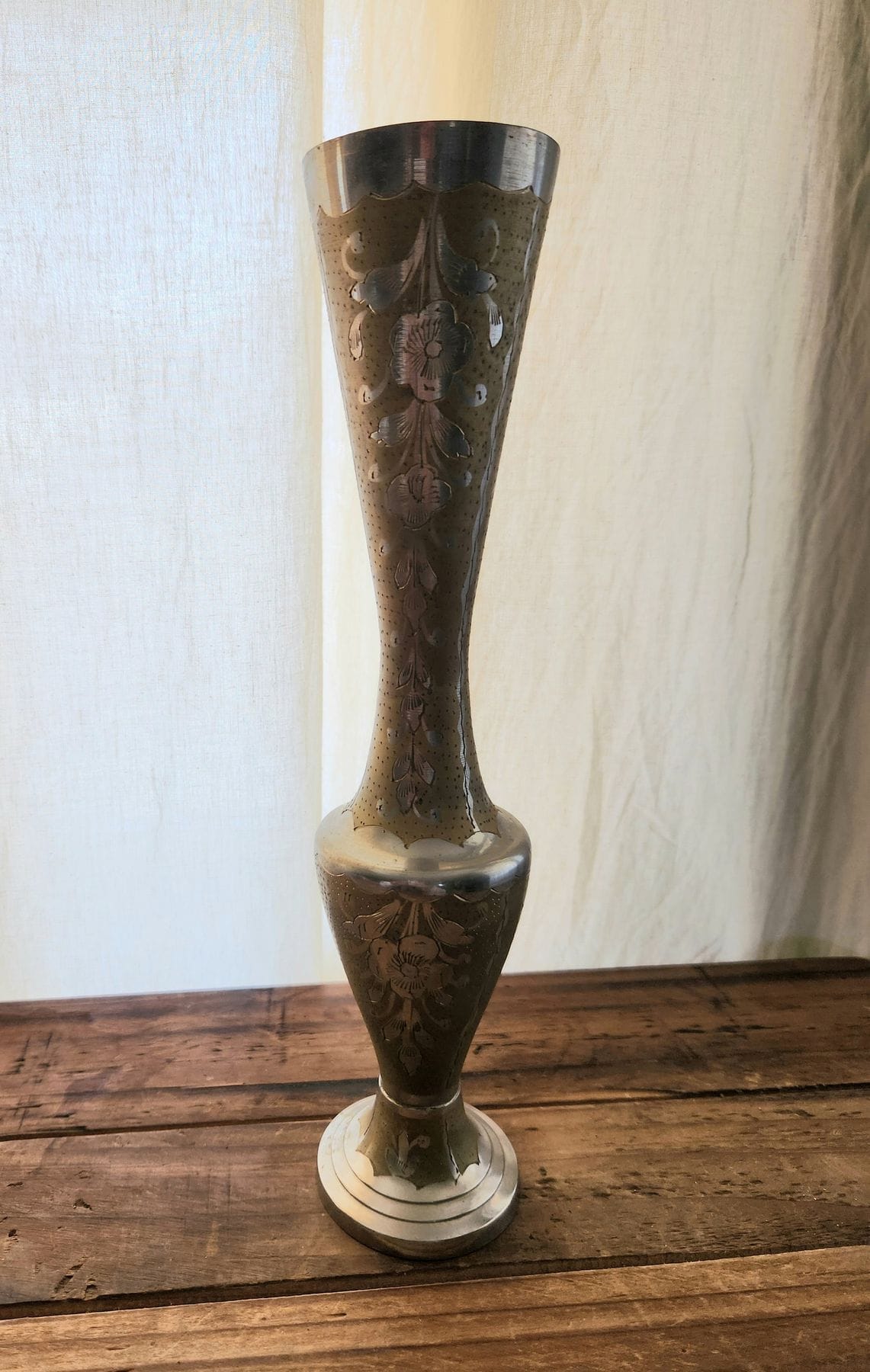 Vintage Boho Brass & Silver Floral Vase, India
