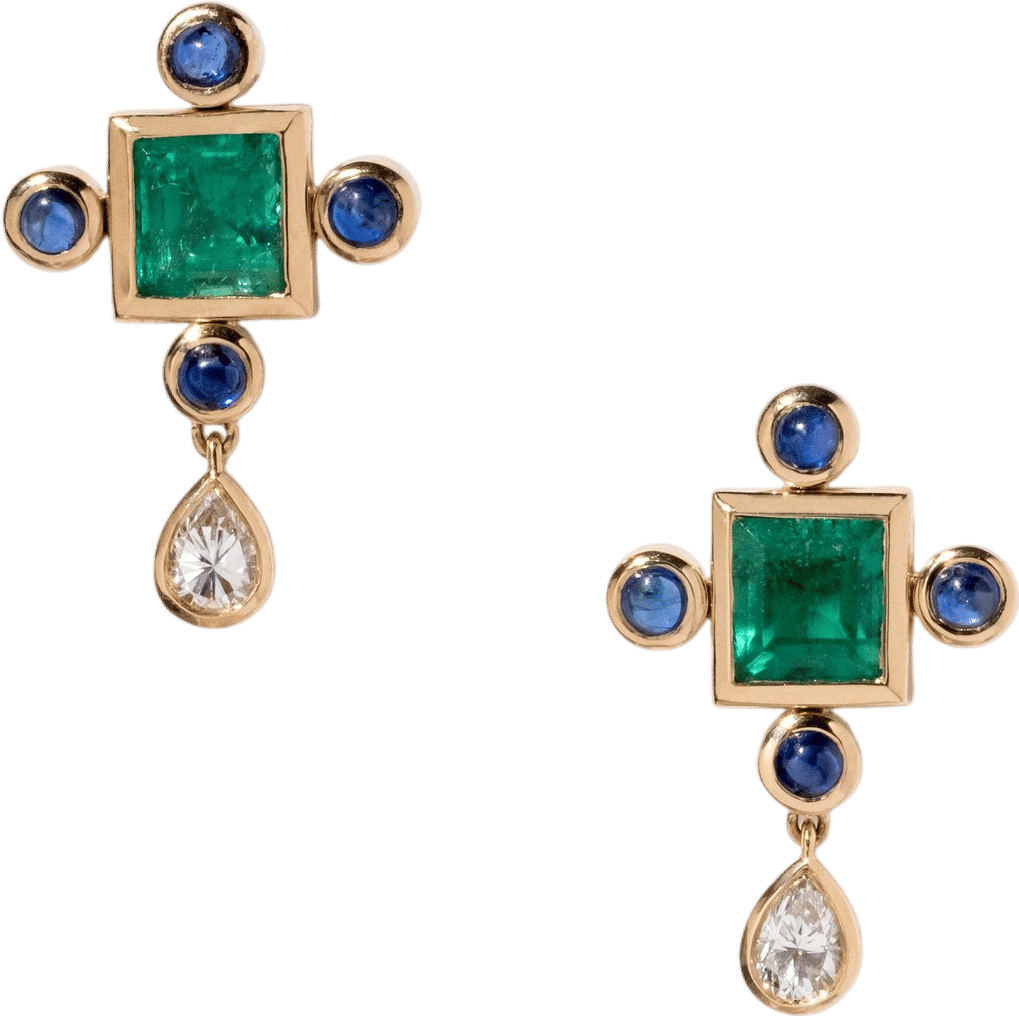 Emerald, Sapphire Studs with Dangling Diamonds by Spur Jewelry