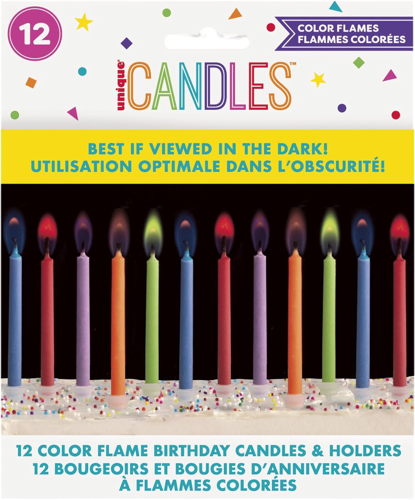 Multicolor Flame Birthday Candles and Holders, 12ct
