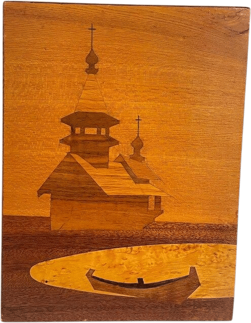 Vintage Wood Marquetry Wall Art Russian Orthodox Church and Boat Inlay