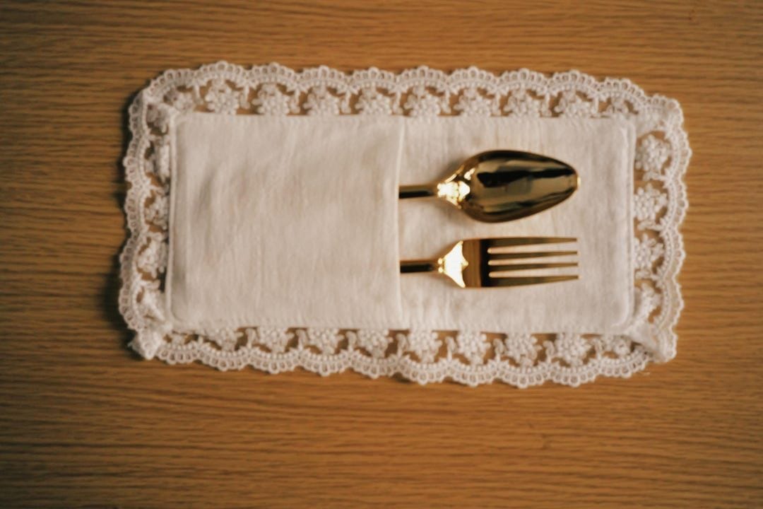 Handmade Linen Cutlery Holder with Crochet Lace Trim