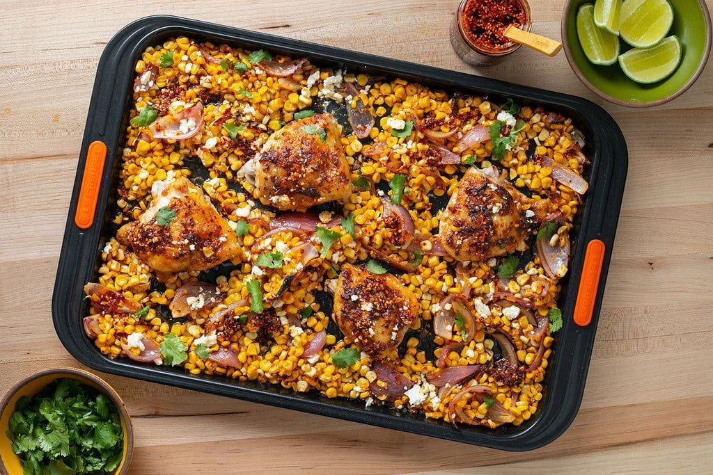 Sheet Pan Chili Crunch Chicken with Corn