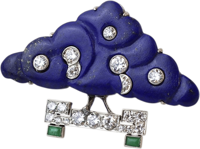 French Art Deco Lapis Lazuli, Diamond and Jade Topiary Brooch (circa 1925)