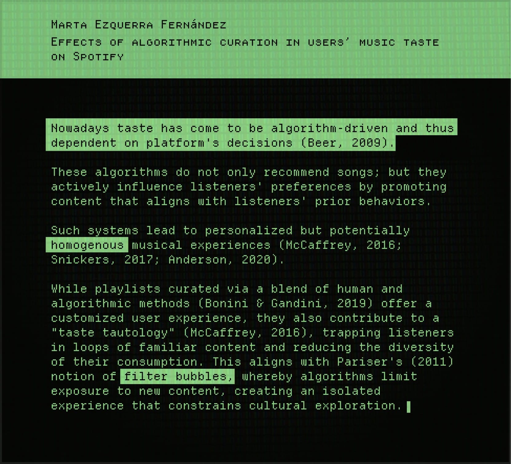 Effects of algorithmic curation in users’ music taste on Spotify /// Marta Ezquerra Fernández