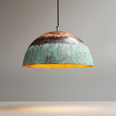 Handmade Copper Pendant Light: Green Patina Rustic Dome