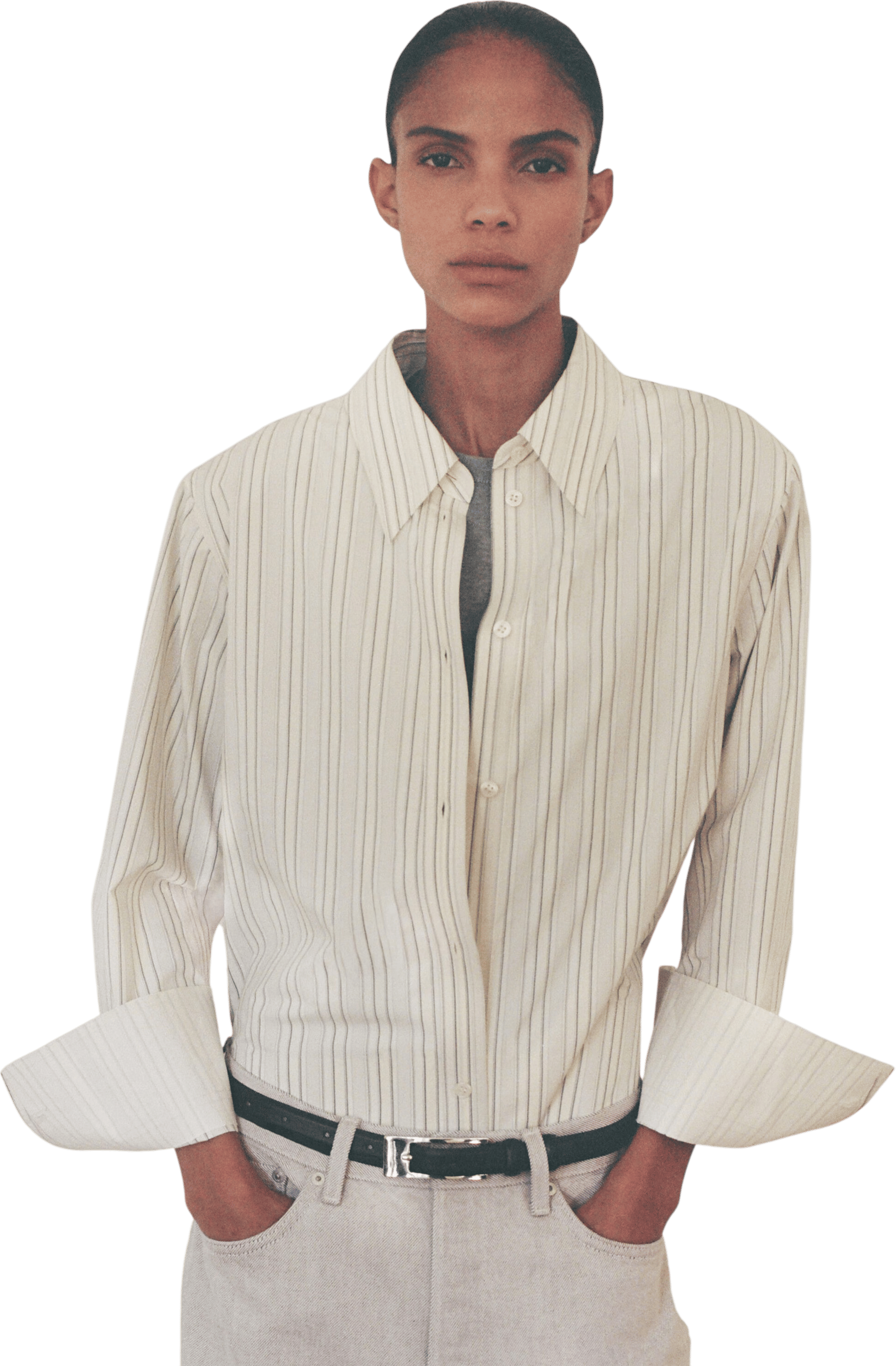 COS Bonded Panel Cotton Shirt Buttermilk Grey Striped