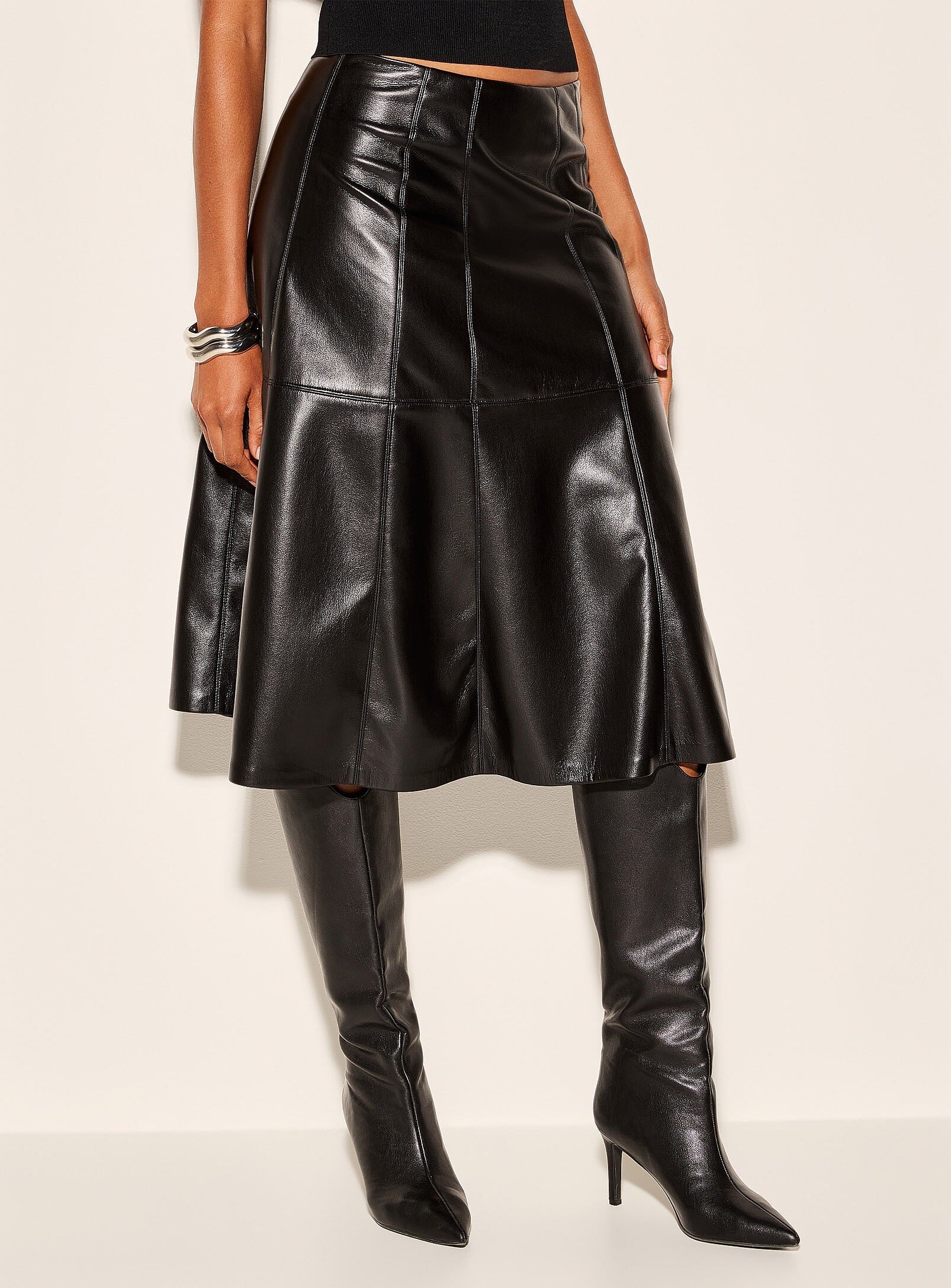 Supple Faux-Leather Topstitched Flared Skirt
