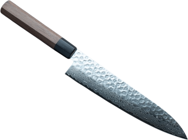 Hitohira HG Tsuchime Damascus Gyuto 210mm Walnut Handle