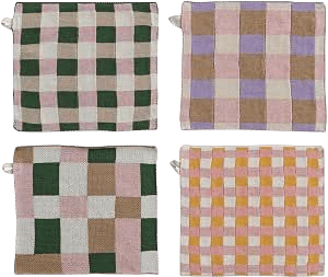 4-Piece Square Cotton Knit Dish Cloths with Check and Plaid Pattern