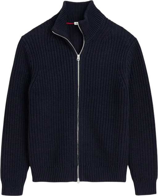 A chunky zip-up navy sweater