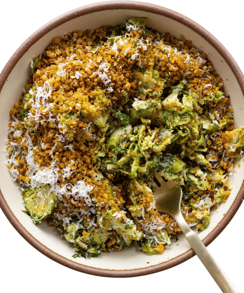 Brussels Sprout Salad with Anchovy Tahini & Za'atar Chickpeas