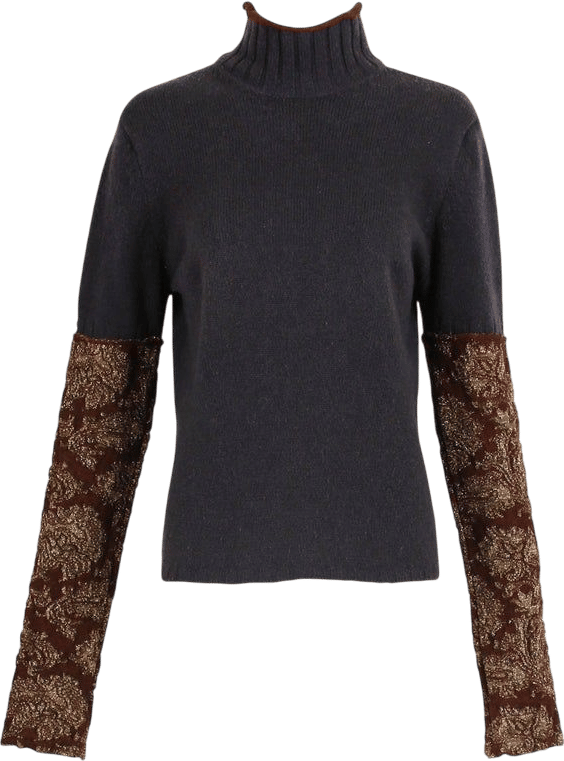 Dries Van Noten Charcoal Grey Wool Mock-Neck Sweater W/Metallic Folate Sleeves