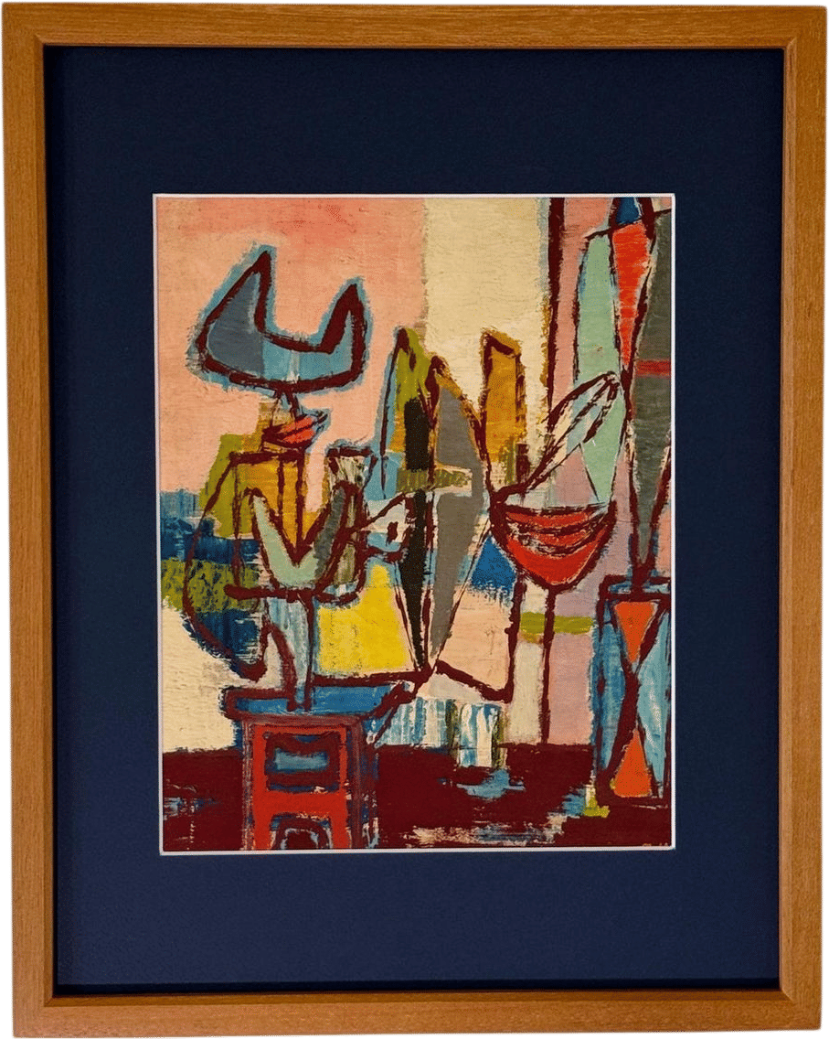1946 "Abstract Composition" by Jankel Adler in Solid Teakwood Frame Giclee Fine Print Modernist Abstract Mat Wall Art Still Life Painting