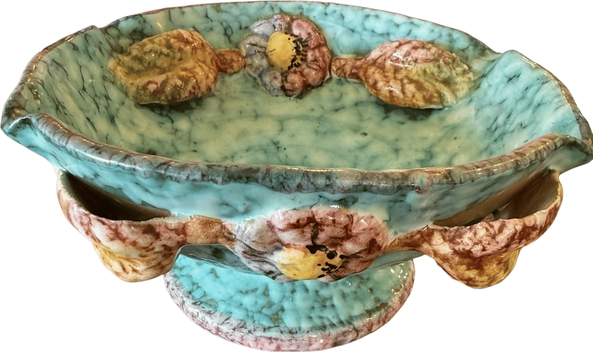 Vintage Portuguese Majolica Compote Bowl Turquoise 6”