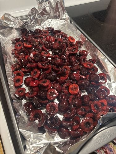 Baked cherries with local honey glaze.