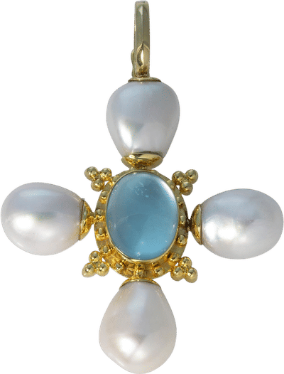 Blue Topaz & Baroque Pearl 14K Gold Cross Pendant