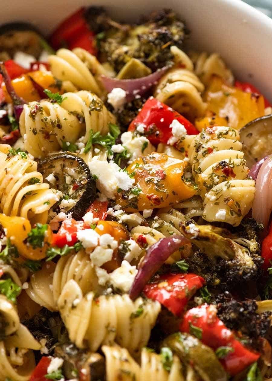 Pasta salad loaded with roasted veggies